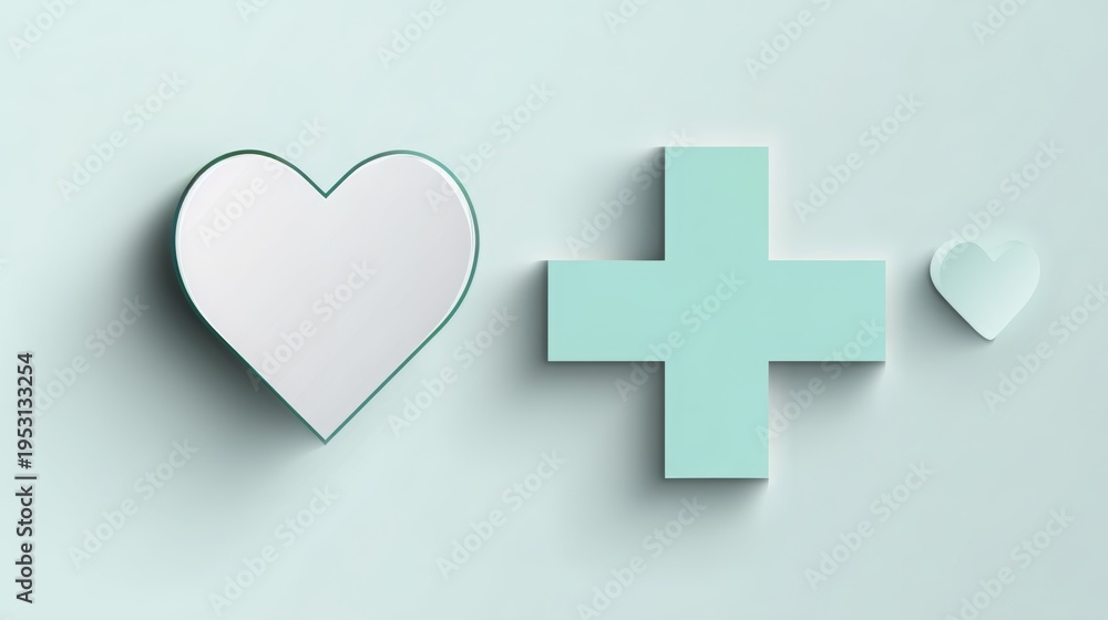 Obraz premium Heart symbol and medical cross combining on a light blue background, illustrating concepts of health, medical care, charity, wellbeing, and patient support