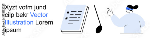Virtual reality, education, online training, digital tools, technology workshops, instructional material. A document, a pointer and a figure wearing a VR headset. Virtual reality and online training