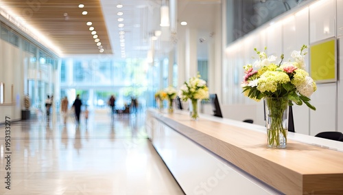 Bright, modern reception area with floral arrangements