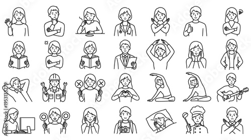 People character set with various poses and emotions line art vector