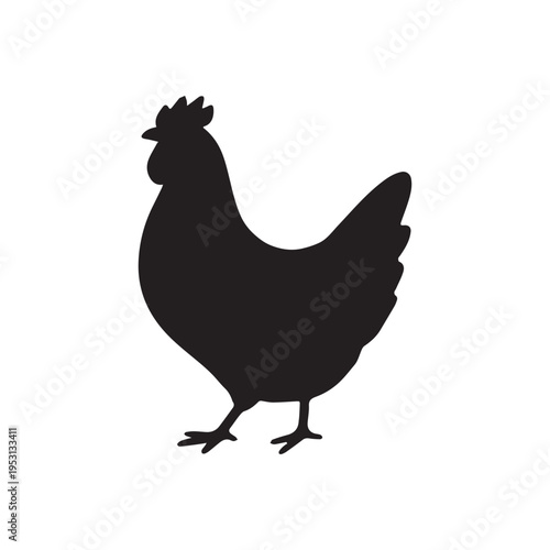 Black Rooster Silhouette Standing Proudly Isolated On A High Contrast White Background