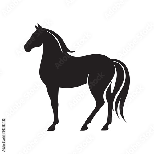 Graceful Black Horse Silhouette Standing In Profile View Isolated On White Background