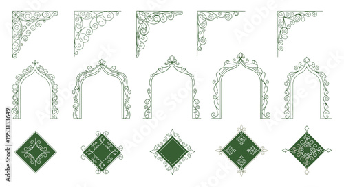 Collection of ornate stylized line art borders arches and diamond frames