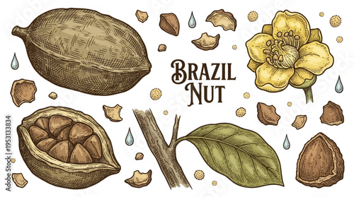 Vintage Hand Drawn Brazil Nut Vector Illustration Set Featuring Whole Pod, Seeds, Flower and Leaf