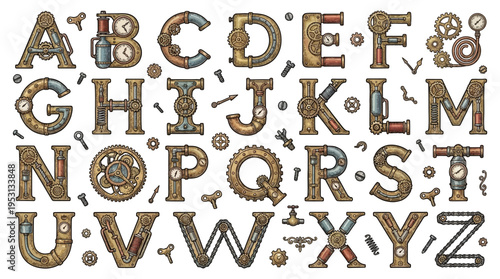 Steampunk Mechanical Alphabet Letters with Gears Pipes and Clocks Vector Illustration
