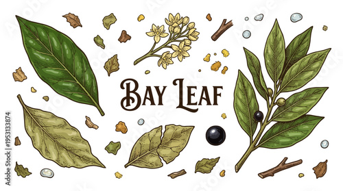 Botanical Bay Leaf Vector Illustration Set featuring Fresh and Dried Leaves, Flowers, and Berries for Culinary Design