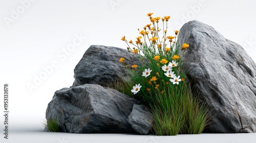 Bright yellow and white flowers grow between large gray rocks. Green grass surrounds the base of the stones. Scene has clean, natural feel with strong contrast
