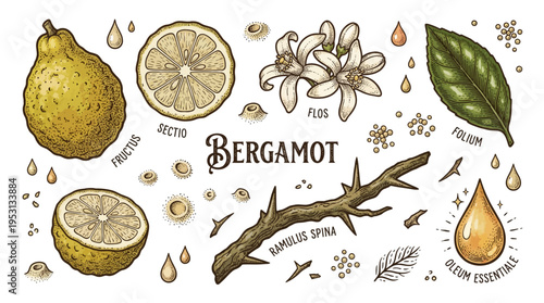Bergamot botanical illustration set with fruit slices flowers leaf branch and essential oil drop in vintage engraving style vector