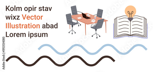 Education, creativity, office setup, teamwork, brainstorming, abstract graphics. Workspace with a table, open book with a glowing bulb and wavy lines. Creativity and education concept