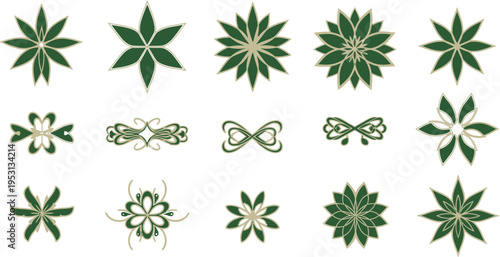 Fifteen green and gold stylized floral and knotwork ornamental design elements