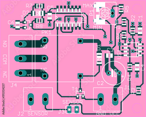 Vector printed circuit board of electronic device with components of radio elements, conductors and contact pads placed on pcb. Engineering computer technical drawing with chip, resistor, capacitor.