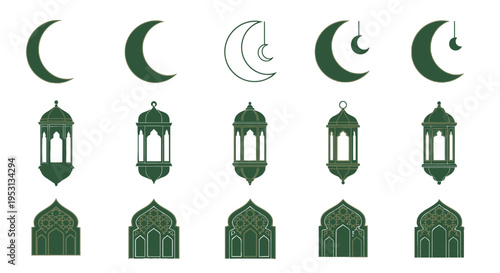 Set of five green and gold Islamic symbols crescent moons lanterns and arched windows