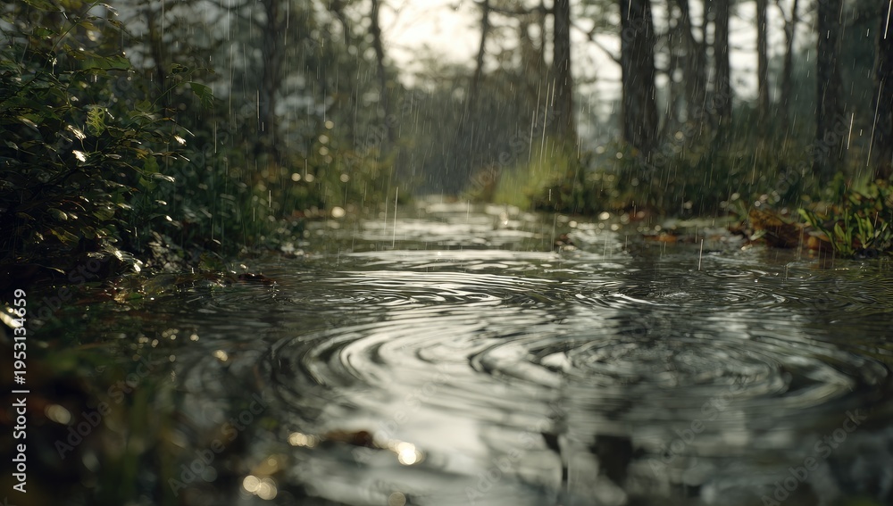 Fototapeta premium Rainy Forest Path with Rippling Water Reflections.