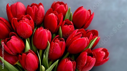 Vibrant red tulips with green stems cluster tightly. Background is muted gray, emphasizing flower's bold hue. Ideal for spring themes, weddings, or romantic designs. Tulips symbolize love and passion