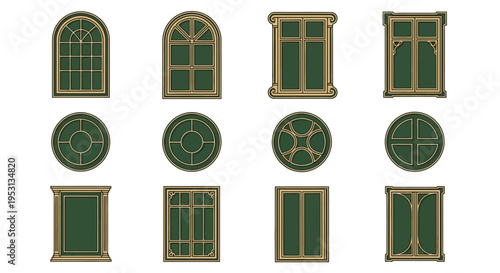 Twelve distinct architectural window designs arranged in three rows