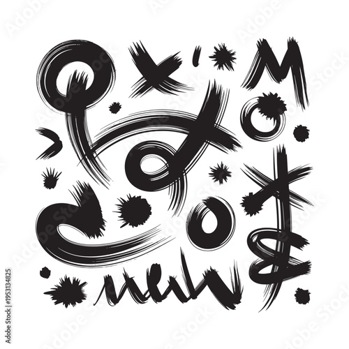 Abstract black brushstrokes create whimsical shapes and symbols on a white background