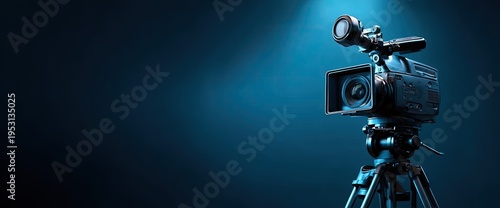 Professional video camera on a tripod illuminated by a spotlight against a dark blue background.