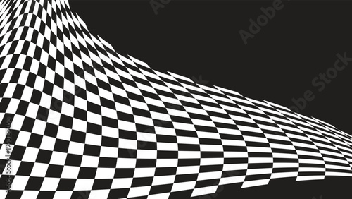 Dynamic black and white checkered racing flag wave pattern on dark background for sports tournaments