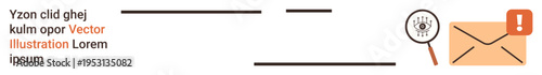 Email security, phishing prevention, communication safety, online privacy, data monitoring, digital alerts. Magnifying glass over an eye and envelope with an alert icon. Email security and phishing