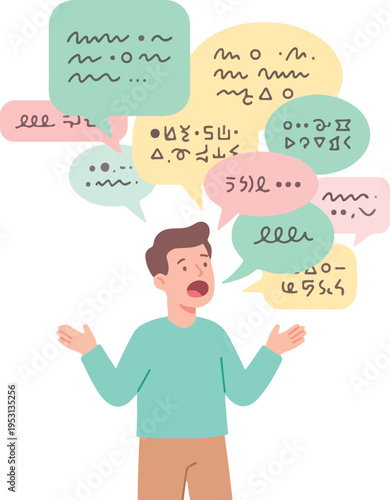 Man with confused expression speech bubbles.