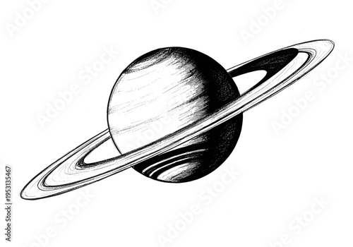 Hand-drawn illustration of planet Saturn with its iconic rings against a white background