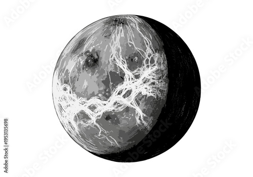 Stylized depiction of a planet with intricate surface details and a dark shadowed side