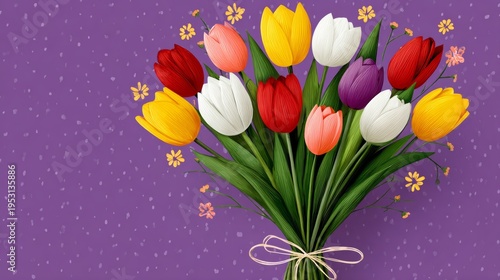 Vibrant bouquet of colorful tulips against purple background. Tulips in red, yellow, white, and purple hues. Green stems tied with twine. Small flowers scattered around