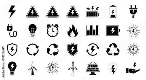 energy and electricity icon collection for power renewable resources and sustainability concepts in modern design