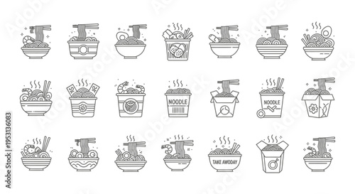minimalist line art icons showcasing diverse noodle dishes and instant ramen ideal for food delivery apps and asian cuisine menus.