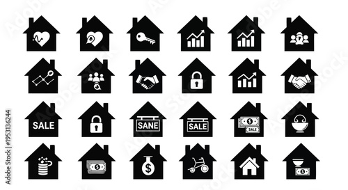 Collection of black and white house icons representing various real estate and home-related concepts