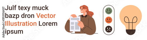 Education, decision-making, feedback, creativity, problem-solving, business evaluation. A person holding a document with a feedback scale and a light bulb. Feedback and creativity concept