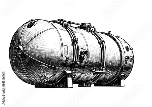 Detailed ink sketch of a large industrial pressure vessel with pipes and valves