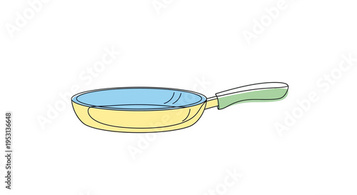 Yellow frying pan with green handle.