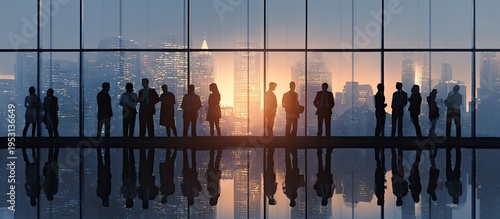 Silhouetted business team looking out a panoramic window at a city at sunrise