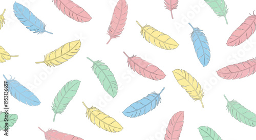 Colorful feathers in various pastel shades.