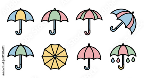 Colorful cartoon umbrellas in various positions.