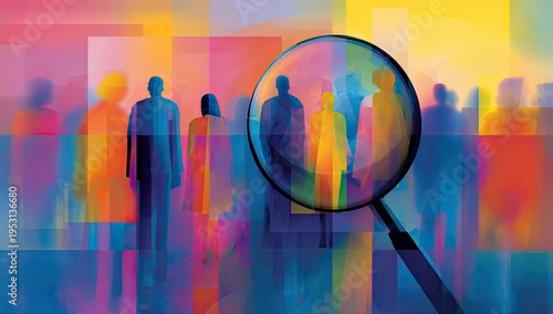 Magnifying Glass Focuses on Colorful Silhouettes of People in Abstract Crowd.
