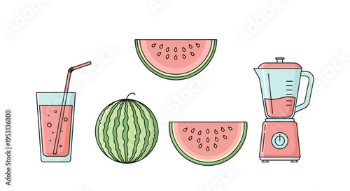 Watermelon slices and juice blender.