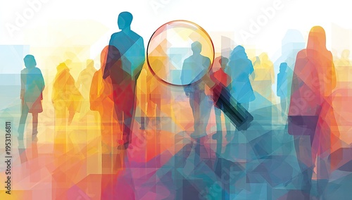 Magnifying Glass Over Crowd of Silhouettes Symbolizing Recruitment and Search.