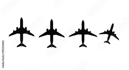 Four different types of airplanes in silhouette view from the front.
