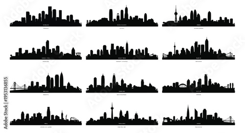 Silhouettes of modern city skylines under varying lighting conditions and perspectives