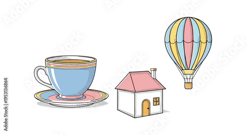 Colorful house with hot air balloon.