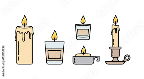 Collection of candles with flames burning.