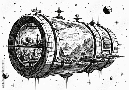 Futuristic space station with internal city and landscape, a vision of interstellar colonization