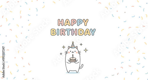 Vector birthday card with cat holding cake and confetti