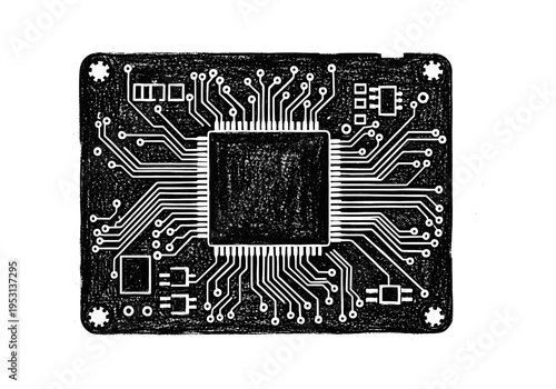 Hand-drawn illustration of a black circuit board with white lines and a central processor