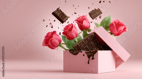 Pink box spills chocolate and roses. Chocolate melts over petals. Romantic gift for Valentine's Day. Ideal for ads, greeting cards, or luxury branding. Soft pink background enhances sweet mood