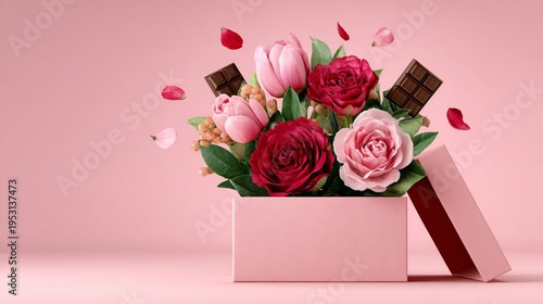 Pink gift box bursts with red roses, tulips, and chocolate. Soft pastel tones evoke love, romance, or celebration. Perfect for Valentine's Day, anniversaries, or sweet gestures. No people shown