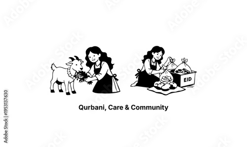 Eid al Adha Illustration with Goat and Charity Distribution Scene