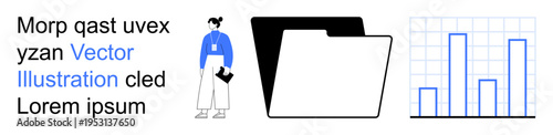 Data management, office organization, analytics, business planning, file storage, teamwork. A person stands beside a file folder and bar chart. Data management and analytics visual concept